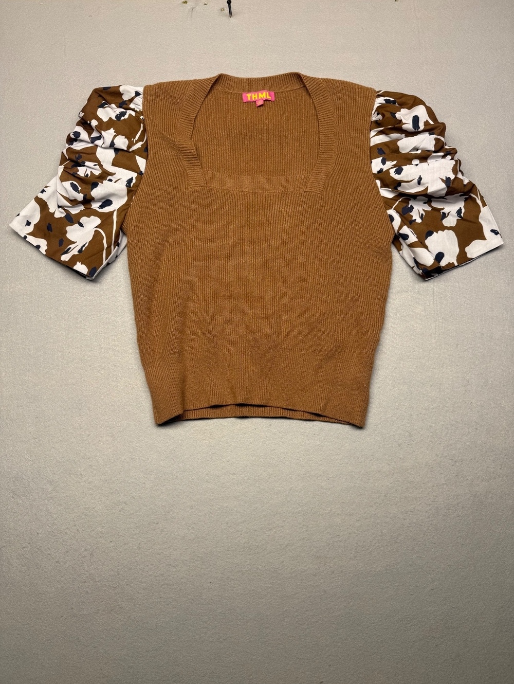 THML Brown Knit Top with Floral Puff Sleeves Medium